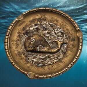 Whale Swimming in Water Brass Ashtray Trinket Dish - Vintage Nautical Decor